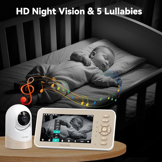 ebemate Video Baby Monitor with Camera and Audio, 5" IPS Screen, 30H Battery, Hybrid WiFi and No WiFi Connection, Pan-Tilt-Zoom, Night Vision, 2-Way Talk, 1500ft, for New Parents/Elderly EBE50P