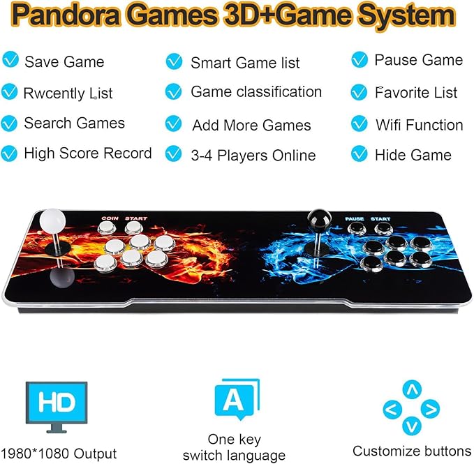 10000 Games in 1 Pandoras Box Arcade Game Console, 3D Double Stick WiFi Arcade Machine for PC, Projector & TV, Favorite List, 4 Players Online