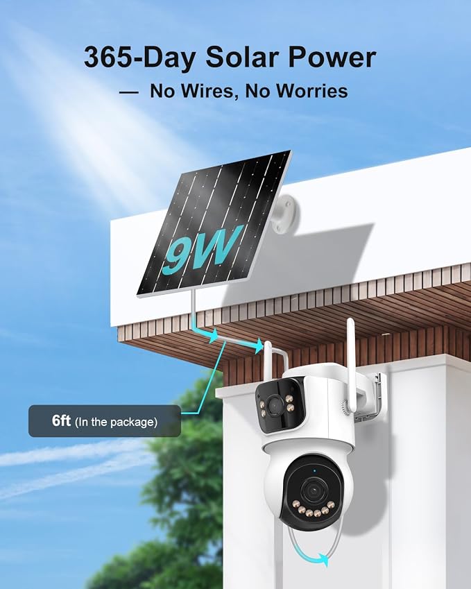 AOV 8MP Dual-Lens Solar Security Camera Wireless Outdoor，24/7 Recording, 360° PTZ，Human Detection &Auto Tracking, 9W Solar Panel & 10000mAh Battery, WiFi 6, 2-Way Audio, Night Vision for Home Security