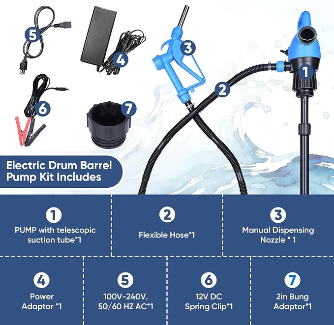Electric Drum Barrel Pump, 110V-240V AC/ 12V DC Power, 55 Gallon Electric Transfer Pumps with 2-Inch Bung Adapter, 5 GPM Flow Rate, Suitable for DEF, Diesel, Water, Antifreeze