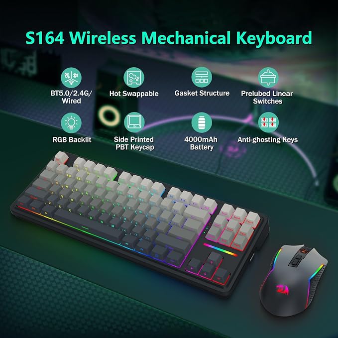 Redragon Wireless Mechanical Keyboard and Mouse Combo, Bluetooth/2.4Ghz/USB-C Wired, RGB Backlit, TKL Creamy Gaming Keyboard with Hot Swappable Linear Switches + 12800 DPI Gamer Mouse
