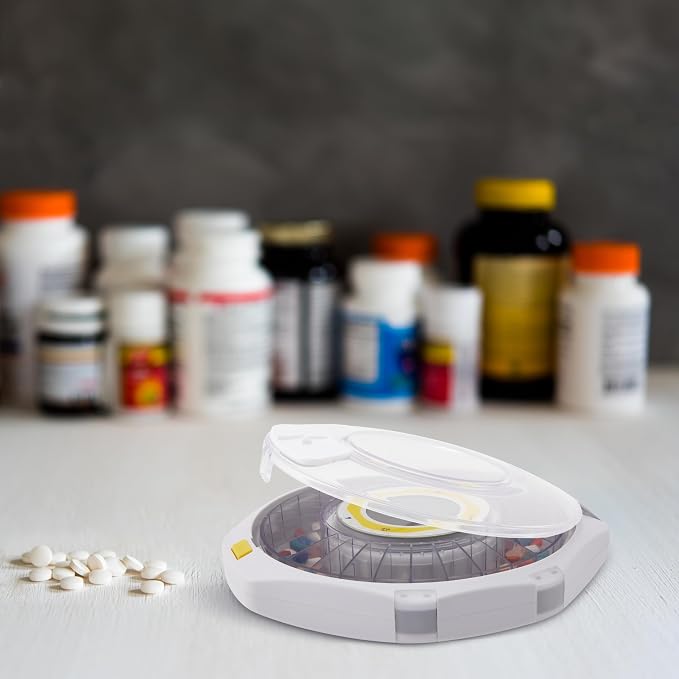 LiveFine Bluetooth Automatic Pill Dispenser, 28-Day Capacity, Sound & Light Alerts, Key Lock, LCD & Easy Setup on the LiveFine App for Prescriptions, Medications, Vitamins & Supplements - Frosted Lid