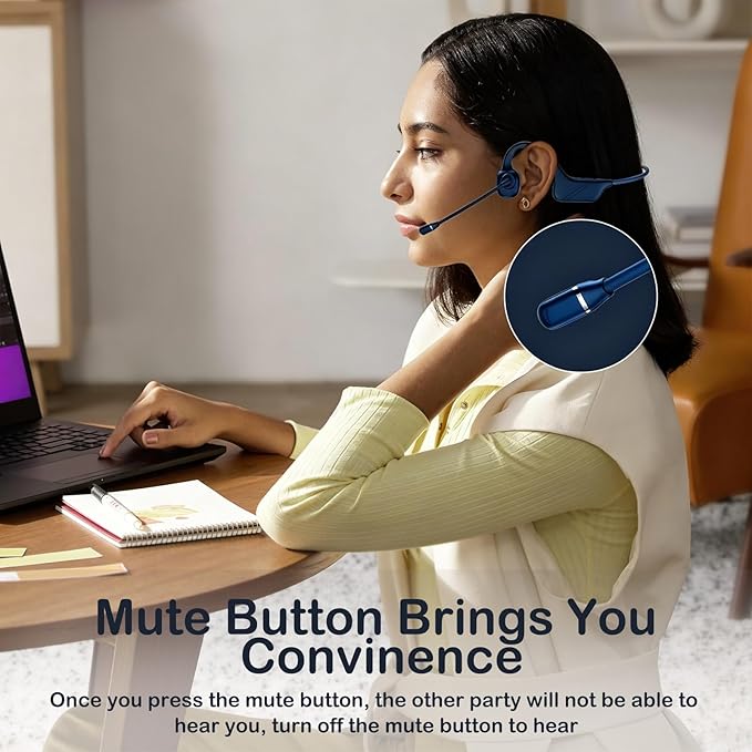 Meetings Open-Ear Headphones with Rotatable Noise-Canceling Boom Mic, Bone Conduction Bluetooth 5.4 Headphones with One-Touch Mute&Magnetic Charging for All-Day Use,Perfect for Driving Learning(Blue