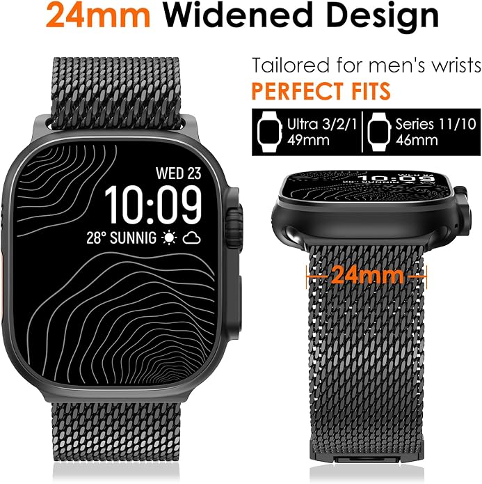 WINGLE Milanese Loop for Apple Watch Band Ultra 3/2/1 Band Ultra 49mm Series 11 10 46mm 45mm 44mm SE 3/2/1 Series 9 8 7 6 5 4 3 Men Women,Parachute-Style Buckle Stainless Steel Mesh Metal iWatch Bands