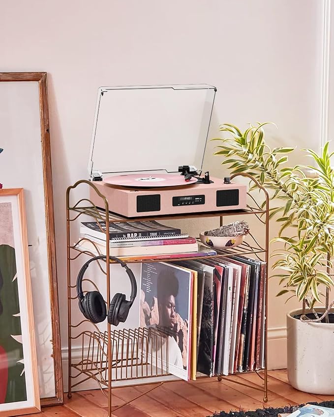 Vinyl Record Player Vintage Wireless Bluetooth Record Player with Enhanced Speakers, USB Recording, LP Player with 3-Speed Belt Drive Turntable Support RCA Line-Out AUX Input EQ,Pink