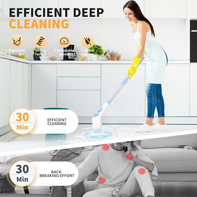 Electric Spin Scrubber Cordless Shower Scrubber with Long Handle, Cleaning Brush with 8 Replaceable Brush Heads, Electric Scrubber for Cleaning Bathroom Shower Floors Tub Tile