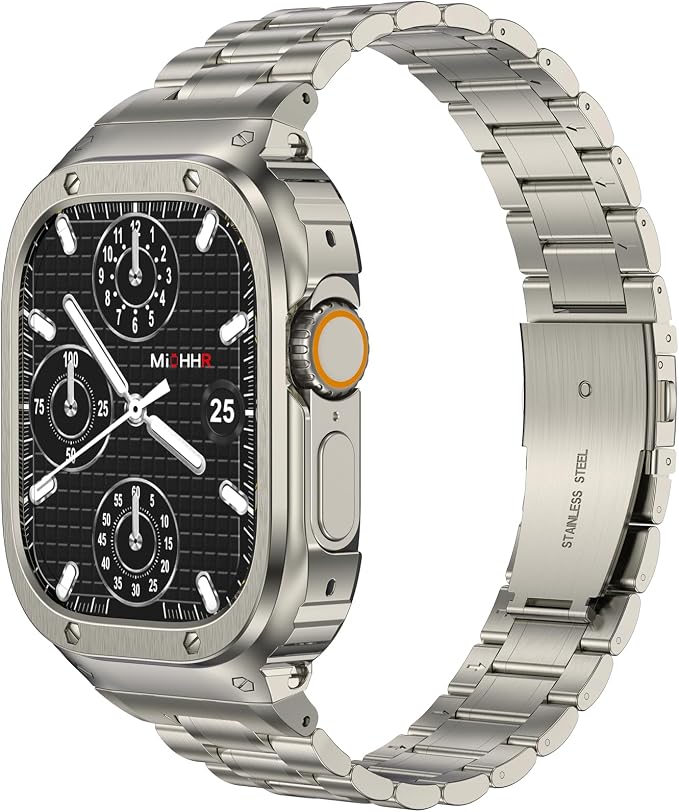 MioHHR Stainless Steel Watch Band with Case Compatible with Apple Watch Ultra3 2 1(49mm), Rugged Strap with Metal Protective Bumper Cover for iWatch Band Men(Titanium Color)