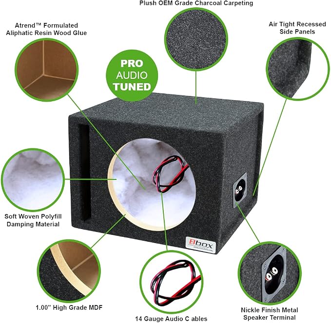 Atrend Bbox Car Pro Audio Speaker Enclosures 10” Single Vented Subwoofer/Speaker Enclosure High Grade MDF – Nickel Finish Speaker Terminals 18 Gauge Audio Cables - Improves Audio Quality, Sound & Bass