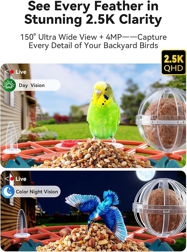 Smart Bird Feeder with Camera Solar Powered - 2.5K 4MP Birds Feeder Camera for Outdoors Garden with AI Identify, Squirrel Proof, Rechargeable Battery WiFi Video Bird Feeder Cam, Gift for Birds Lover