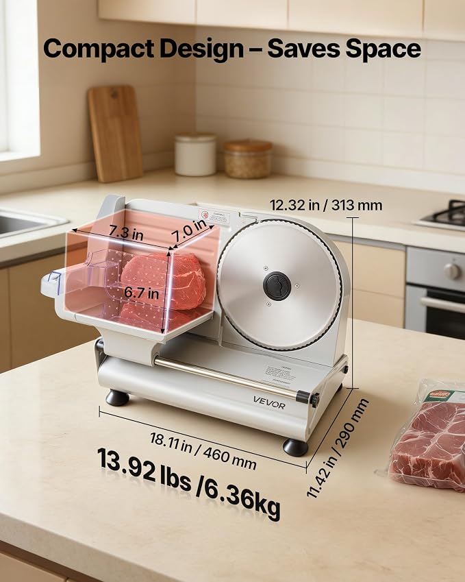 VEVOR Meat Slicer, 8.6" Electric Deli Slicer with 2 SUS420 Blades & 0-0.6" Adjustable Thickness, Dual Security Lock, 200W Home Food-Slicer for Frozen Meat, Ham, Baguett, Steak, ETL Approved