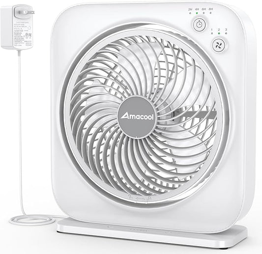 AMACOOL Table Fan, 12 inch Box Fan with 3 Speeds & 8HRS Timer, 270° Pivoting Quiet Air Circulator, Desktop Fan for Bedroom Bathroom Kitchen Office, AC Adapter Included, Co-Branded with Cmyfato-White