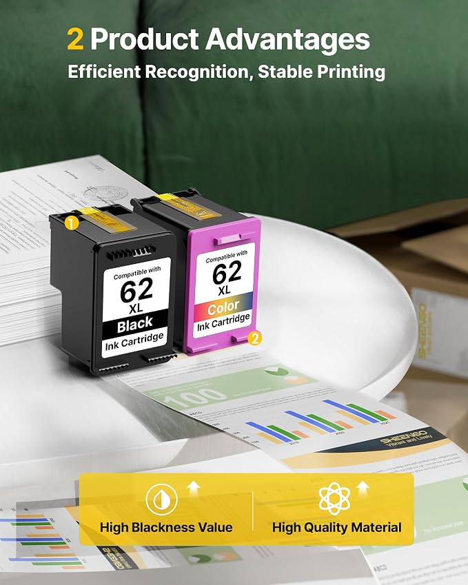 62XL Ink Cartridges Black and Color Replacement for HP Ink 62 for HP 62XL Ink Cartridge Combo Pack Fit for Envy 5540 5544 5545 5660 5664 7640 7645 OfficeJet 200 250 250 5740 8040 Series | N9H64FN