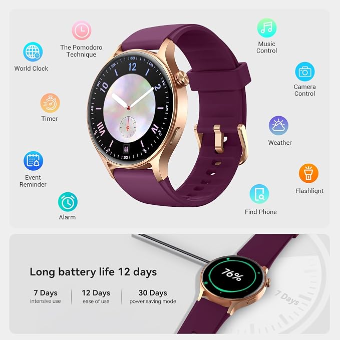 Fitpolo Smart Watch for Women,1.3" AMOLED Touchscreen Fitness Tracker, Make/Answer Calls, Heart Rate SpO2 Monitor,3ATM Waterproof,Sleep Activity Tracking Smartwatch for Android Phones iPhone (Purple)
