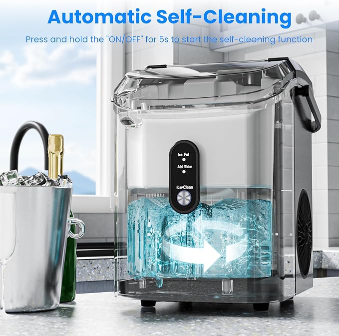 Antarctic Star Nugget Ice Makers Countertop with Self-Cleaning, 35lbs/24H, Portable Sonic Ice Maker Machine with Handle/Basket/Scoop for Home, Kitchen, Office, Camping(Stainless Steel Black)