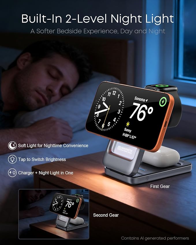 Qi2.2 25W 3-in-1 Foldable Magnetic Wireless Charger for iPhone, Night Light | Compatible with iPhone 17/16/15/14/13/12, Apple Watch & AirPods, 45W Adapter + 5A Cable, Case-Friendly up to 3 mm
