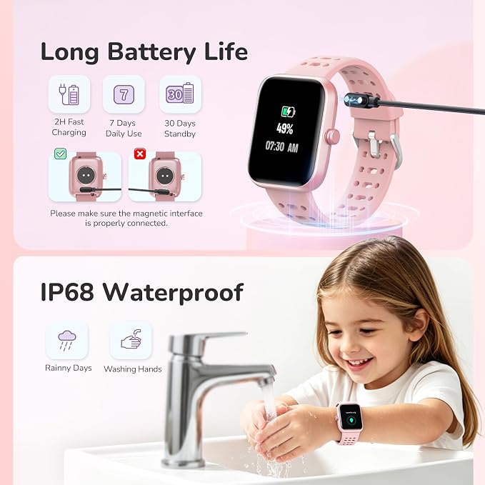 ENOMIR Smart Watch for Girls Gifts, Kids Smart Watch with Health Monitor, Activities Track & Alarm Clock Reminder, Smartwatch with Custom Design & Puzzle Games, Girls Birthday Pink (2 Bands)