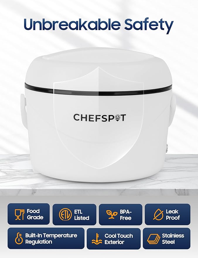 Electric Lunch Box, 37oz Portable Food Warmer with 12V/24V Car & 120V Home Plugs, Spill-Proof, BPA-Free, Dishwasher-Safe, No Microwave Needed, with Utensil Set & Carry Bag (Arctic White)