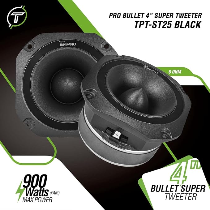 Timpano Super Tweeter 4 Inch TPT-ST25 Black, 8 Ohm, 900 Watts Max, 107 dB, 1.5 in Voice Coil, HIgh Sensitivity, Slim Profile Bullet Tweeters Speakers for Pro Audio (Pair)