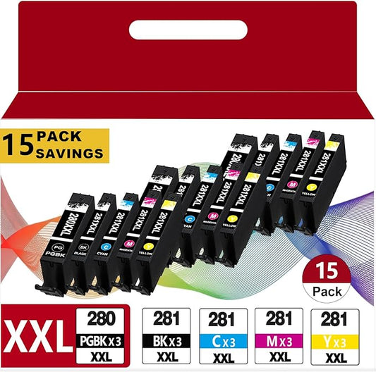 15 Pack PGI-280XXL CLI-281XXL Ink Cartridges Replacement for Canon 280 XXL 281 XXL Fit for Cannon TR8620a TR8620 TR8520 TR8600 TR7520 TS702a TS9520 TS9521C TS6120 TS6220 TS6320 TS8220 TS9120 Printers