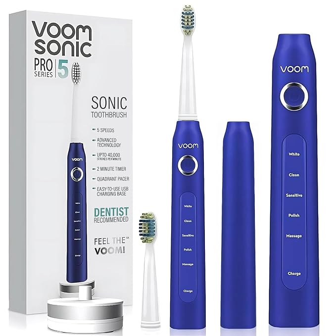 Voom Sonic Electric Toothbrush – Bathroom Essentials & Travel Essentials – Ultrasonic Electric Toothbrush for Adults – USB Rechargeable 40,000 Strokes/Minute – 5 Speeds – Pro 5 Series (Blue)