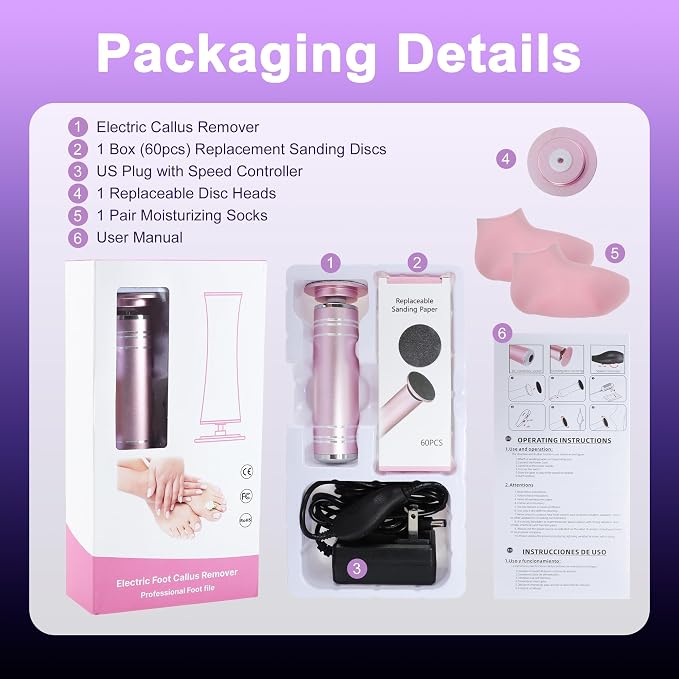 VOCOSTE 1200RPM Electric Callus Remover for Feet, 2 Replaceable Grinding Discs, 60 Sandpaper Discs, 1 Moisturizing Socks, Professional Pedicure Tool Kit for Dead Skin & Hard Cracked Heels
