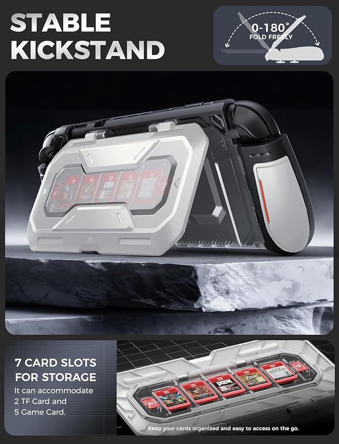 Mumba Dockable for Nintendo Switch 2 Case with Flip Stand, [Titan] Ergonomic Switch 2 Grip Protective Cover Holds 5 Game Cards & 2 TF Cards TPU Accessories and Quick-Release Joy-Con Design (Silver)