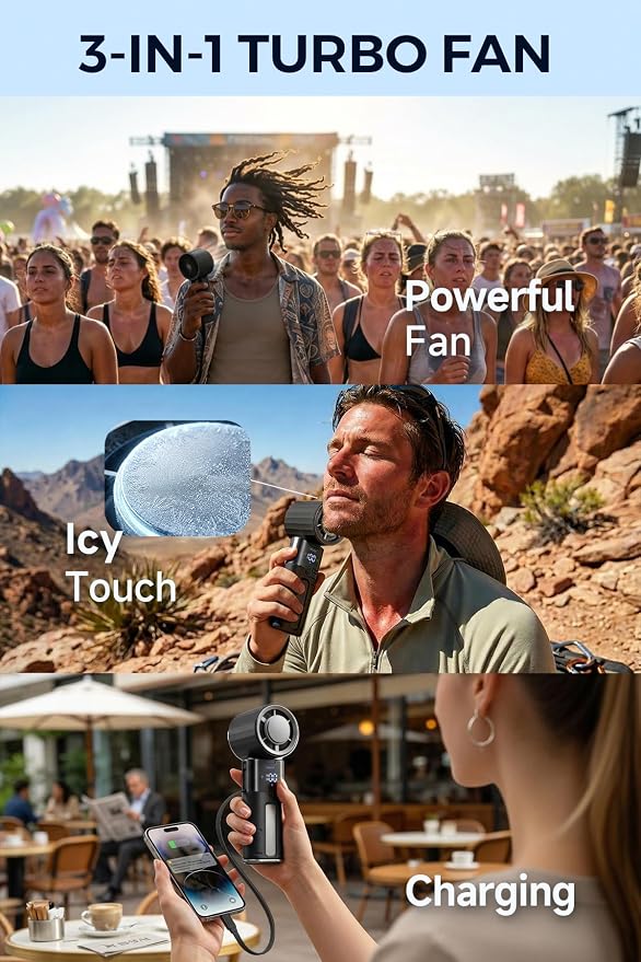Portable Handheld Turbo Fan with Cooling Plate and Retractable USB-C Cable, 6000mAh Rechargeable, Powerful 100-Speed Wind, LED Display,135° Adjustable, Summer Essential for Travel/Outdoor/Office