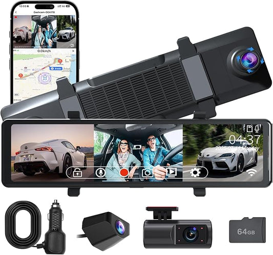 3 Channel Mirror Dash Cam,12" Front 4K+Inside 1080P+Rear 1080P Triple Rear View Mirror for Cars, 5.8GHz WiFi, Night Vision, G-Sensor, Reverse Assist, Includes 64GB Card
