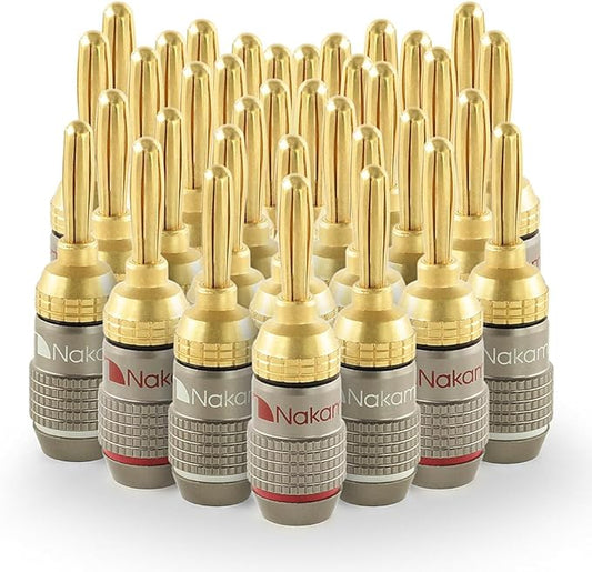Nakamichi FanLock Excel Series 24k Gold Plated Banana Plugs 10 AWG - 18 AWG Gauge Size 4mm for Speakers Amplifier Hi-Fi Stereo Home Theatre Radio Audio Wire Cable Quick Connector, 36 Pcs (18-Pairs)