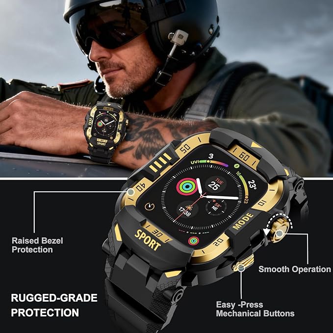DABAOZA Rugged Case with Band Compatible with Apple Watch 45mm, for iWatch Series 9/8/7,Military Grade Shockproof Bumper and Men's Tactical Heavy Duty Strap(Black/Gold,45MM)