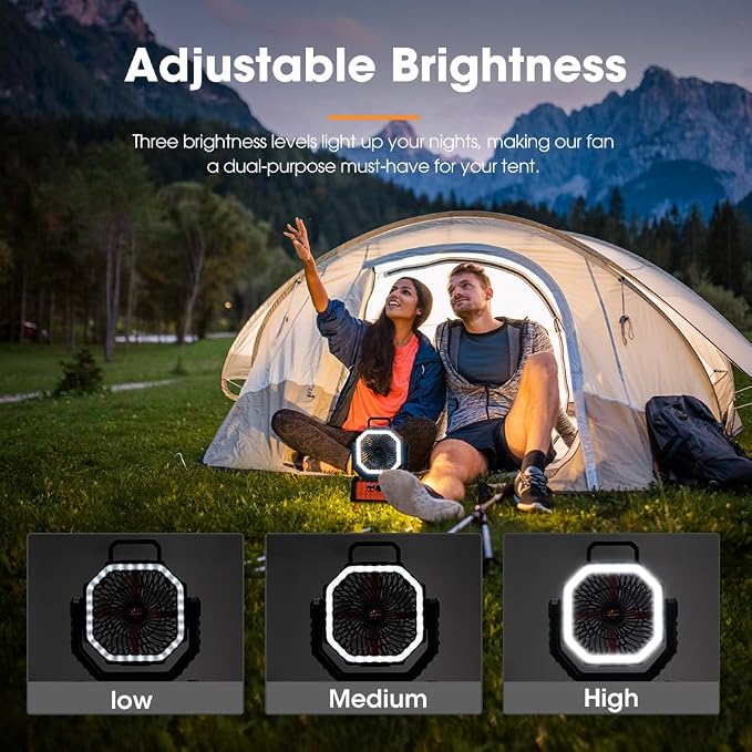 SAN HIMA Battery Powered Camping USB Desk Fan - 20000mAh Rechargeable Battery Operated, with LED Light, 4 Speed Oscillation, 360° Rotation, Hanging Hook, Cordless, for Tent, Outdoor
