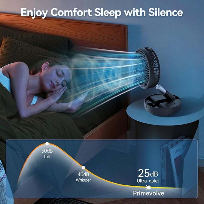 Portable Oscillating Rechargeable Fan, Battery Operated with 4 Speed Settings & Remote Control, Desk Travel Fan for Sleeping, Camping, Cruise, RV - Black 8" USB C