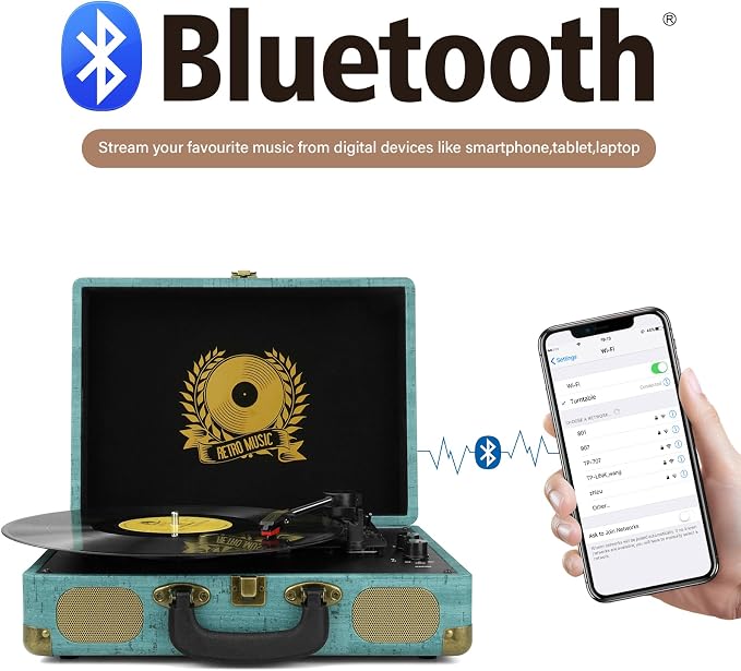 Vinyl Record Player 3-Speed Bluetooth Suitcase Portable Belt-Driven, Supports Bluetooth, RCA Output, 3.5mm aux-in and Headphone Jack and MP3, Mobile Phones Music Playback