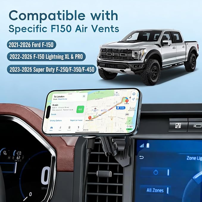 Kaishengyuan Wireless Charger Magnetic Vent Phone Mount Compatible with 2021-2026 Ford F-150, 2023-2026 Super Duty F250/F350/F450, Metal Phone Holder Cradles Bracket Stand with Arm for All Smartphone