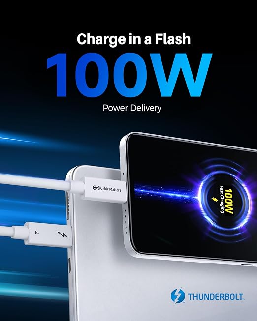 Cable Matters [Intel Certified] 40Gbps Active Thunderbolt 4 Cable 6.6 ft with 100W Charging and 8K Video, White - Fully Compatible with USB C/USB-C, USB4, and Thunderbolt 3