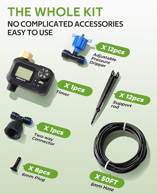 HIRALIY 50FT Drip Irrigation System with Timer, Pressure Compensated Watering Kit with 12 Adjustable Emitters, Quick Connect Garden Irrigation for Patio Pots, Raised Beds and Plants