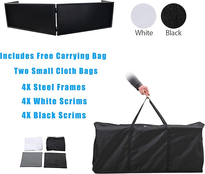 DJ Booth DJ Facade Portable DJ Event Booth Foldable Cover Screen Metal Frame Booth Front Board Video Light Projector Display Scrim Panel w/Travel Bag Black White Scrims