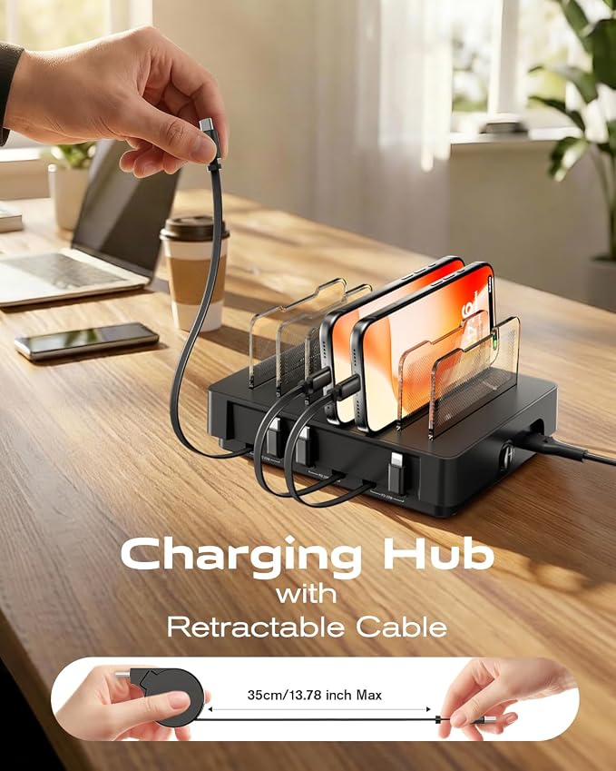SooPii HomeHub H1 Charging Station for multiple devices,Upgraded 6-Port Desktop Fast Charger with 6 Retractable Cables（4*C+2*iP）,60W PD charger station for iPhone/Tablet,Tangle-Free Charging Organizer