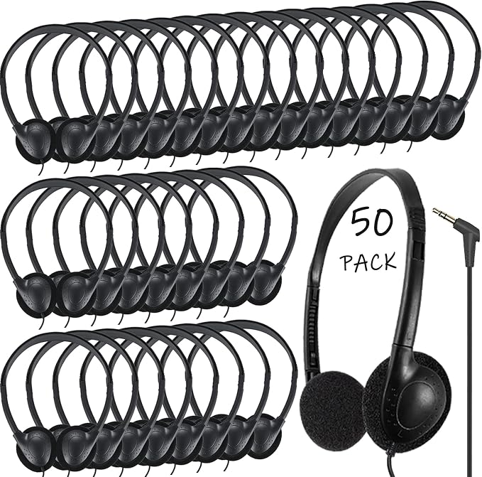 50 Pack Classroom Headphones Bulk for Students School, Wired Class Set Headphones for Kids Children Toddler Boys Girls Teen(Black)