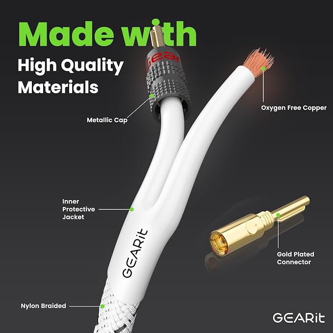 GEARit Speaker Cable with Banana Plugs White 12 Gauge 3 ft,Speaker Cable CL2 Rated 12AWG OFC,Heavy Duty Braided 12 Gauge Speaker Wire for Audiophiles,Hi-Fi Systems,Home Theater,Amplifiers & Speakers