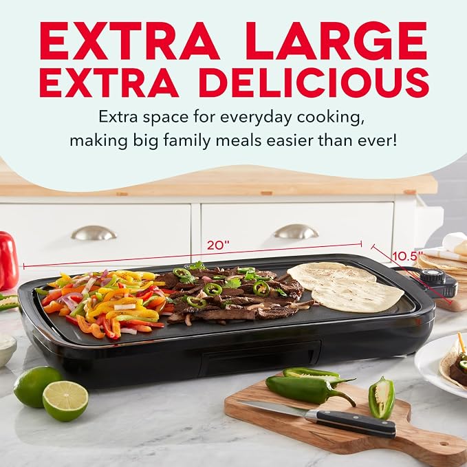 Dash Deluxe Everyday Griddle - Electric Griddle with Removable Plate - Nonstick, Easy-Clean Surface & Anti-Slip Base - Recipe Book Included - Black