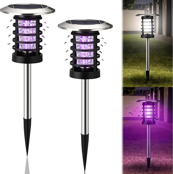 4 Pcs Solar Bug Zapper Outdoor Waterproof Mosquito Repellent Light Solar Power Fly Killer Lamps for Moths, Gnats, Fly, Small Flying Insect Backyard Garden Lawn (Plastic,Purple & White Light)