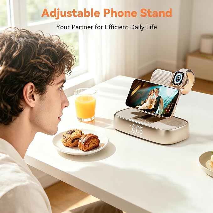 Bluetooth Speaker Alarm Clock with Wireless Charging, 15W Safe Fast Wireless Charger Station Phone Stand, 3 Level Bedside Night Light Protable Speaker, Mom Gifts Dual Digital Alarm Clocks for Bedrooms