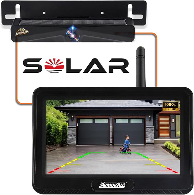 ARMOR ALL Solar Wireless Backup Camera:5" HD 1080P Monitor,3 Mins DIY Installation & 5000 mAh Battery Powered Solar Back Up Camera Systems, IP69K Waterproof Reverse Camera for Car, Van, Truck, Trailer