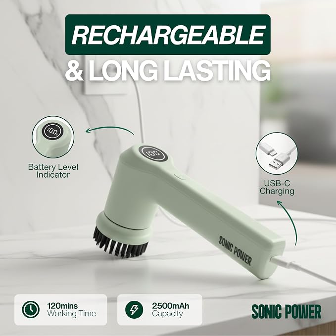 SonicPower Electric Spin Scrubber – Handheld & Ergonomic, IPX7 Waterproof, 4 Multi-Purpose Brush Heads, Long-Lasting Rechargeable Battery – Cleans Dishes, Bathroom, Tile, Grout & Kitchen (Sage)