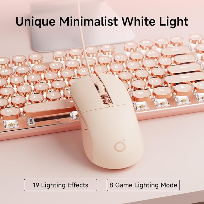 EWEADN Wired Typewriter Keyboard and Mouse Combo, Typewriter Style Mechanical Keyboard,104 Keys Backlit LED Keyboards, Media Control Knob, Wired Keyboard Pink Switch for Windows/PC-Pink
