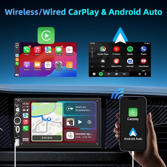 Wireless Double Din Car Stereo A-pple Carplay Radio Screen for Car Audio Receivers, Bluetooth Car Play Android Auto 7" Touchscreen, Car Radio Support Bluetooth, Mirror Link, FM/AM, Type-C