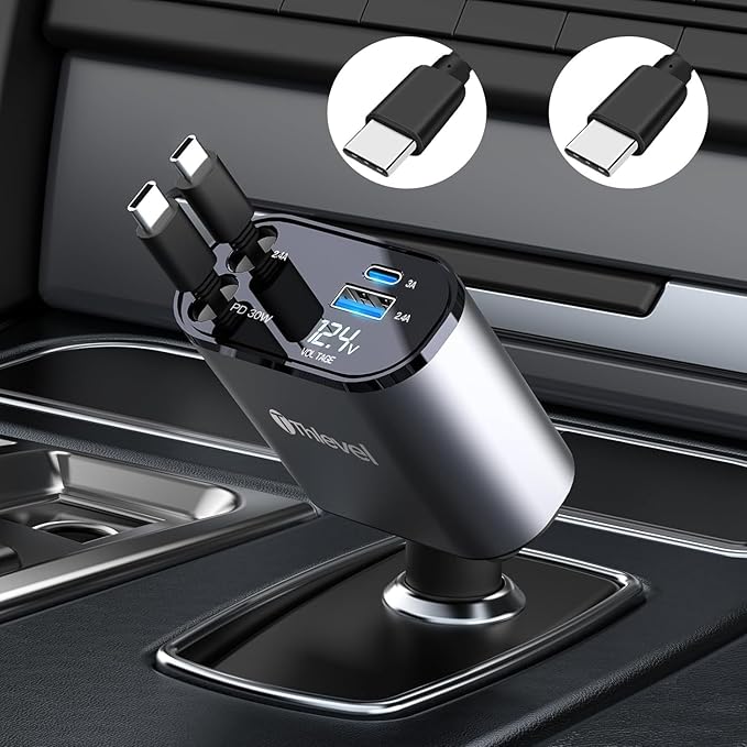 Retractable Car Charger 4 in 1 USB C Fast Charger with Dual Type-C Cables (31.5 inch) and 2 Charging Ports with Voltage Display Compatible with iPhone 17/16 Pro Max Samsung Galaxy Note