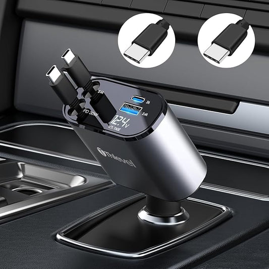 Retractable Car Charger 4 in 1 USB C Fast Charger with Dual Type-C Cables (31.5 inch) and 2 Charging Ports with Voltage Display Compatible with iPhone 17/16 Pro Max Samsung Galaxy Note