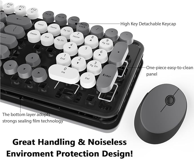 Wireless Keyboard and Mouse, KOOTOP Cute Keyboard and Mouse, 2.4G Wireless Keyboard with Retro Round Keycap for PC, Mac, Laptop,Tablet,Computer Windows (Grey)